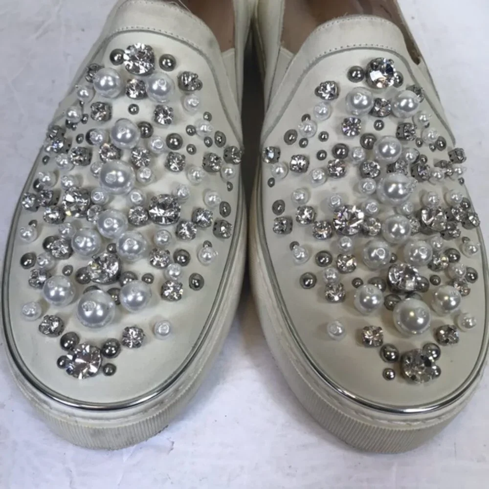 Stuart Weitzman Pearl Embellished Leather SlipOn Platform Sneakers Shoe Slides 7 - Picture 7 of 16